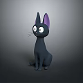 Cute Black Cartoon Cat With Purple Ears Big Eyes Sitting On Gray Background
