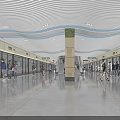 Modern Subway Station with Curved White Ceiling Marble Column and Escalators Busy with Commuters