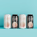 Refreshing White Peach Beverage Cans in White and Black on Light Blue Background