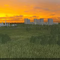 Beautiful Sunset Landscape With Vast Green Lawn Scattered Trees And Distant Modern Urban Buildings