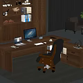 Wooden Office Desk with Computer Monitor Laptop Keyboard Mouse Ergonomic Chair and Bookshelf