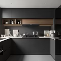 Modern Kitchen Interior With Black Cabinets Stove Sink And Window Blinds