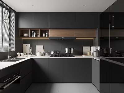 Modern Kitchen Interior With Black Cabinets Stove Sink And Window Blinds 3d model