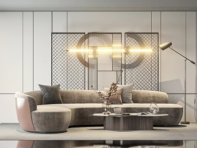 Elegant Modern Living Room Curved Beige Sofa With Throw Pillows And Wooden Coffee Table Set 3d model