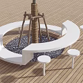 Circular White Outdoor Table with Small Stools on Wooden Deck around Tree Trunk and Gravel