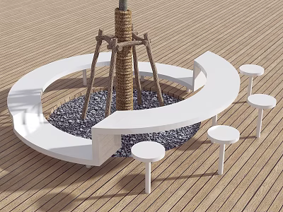 Circular White Outdoor Table with Small Stools on Wooden Deck around Tree Trunk and Gravel 3d model