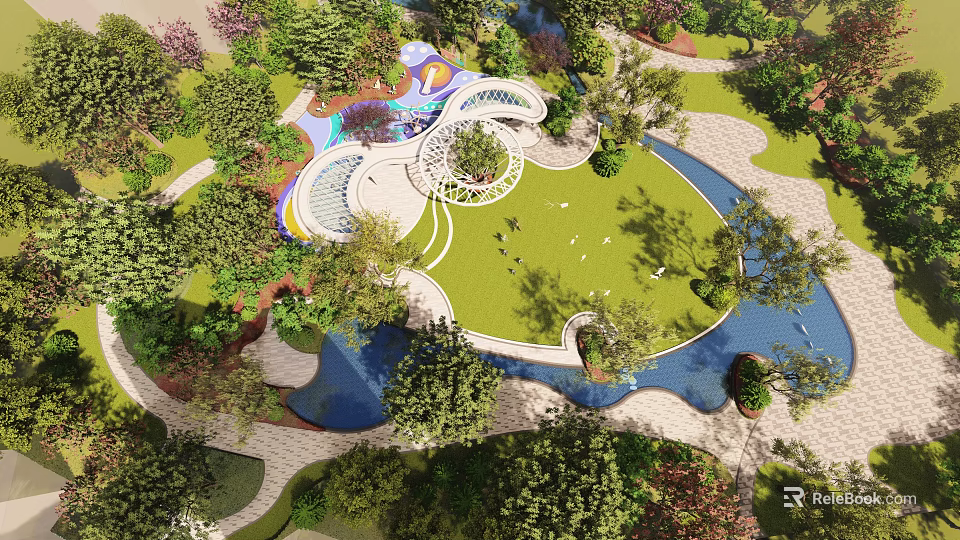 Garden Landscape With Winding Pathways Water Features Lush Trees Green Lawns And Artistic Structures 3d model 