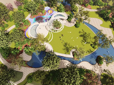 Garden Landscape With Winding Pathways Water Features Lush Trees Green Lawns And Artistic Structures 3d model
