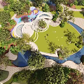 Garden Landscape With Winding Pathways Water Features Lush Trees Green Lawns And Artistic Structures
