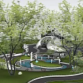 Outdoor Children's Play Area With Green Grass Trees And Playground Equipment For Kids Playing