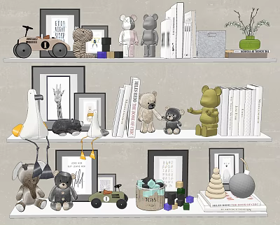 Decorative Ornament Combination with Stuffed Bears Picture Frames Books and Green Vase on Shelves 3d model