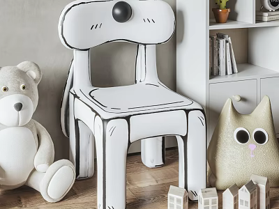 White Cartoon Style Single Chair With Black Lines Teddy Bear Cat Doll And Wooden Floor 3d model