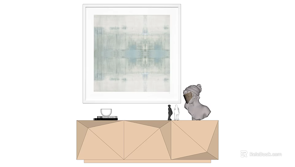 Geometric Beige Cabinet Interior With Abstract Wall Painting And Gray Dog Sculpture 3d model 