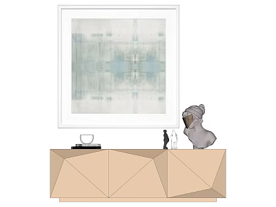 Geometric Beige Cabinet Interior With Abstract Wall Painting And Gray Dog Sculpture 3d model