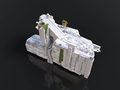 White Stone Architectural Structure With Green Moss And Palm Tree Decor 3d model