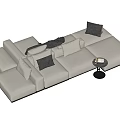 Modern Sectional Sofa With Light Beige Upholstery Gray Pillows And Round Side Table 3d model