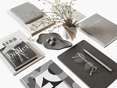 Elegant Modern Books And Magazines With Decorative Plant Notebook Glasses And Pen 3d model