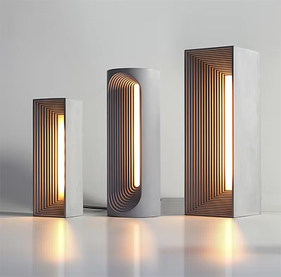 Modern Geometric Floor Lamps With Wooden Details And Warm Illumination Glow 3d model