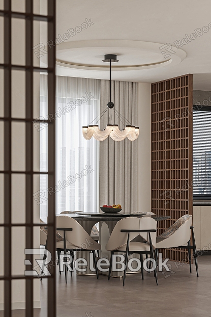 Modern Light Luxury Home Dining Room Round Table and Chair Chandelier Screen Partition model