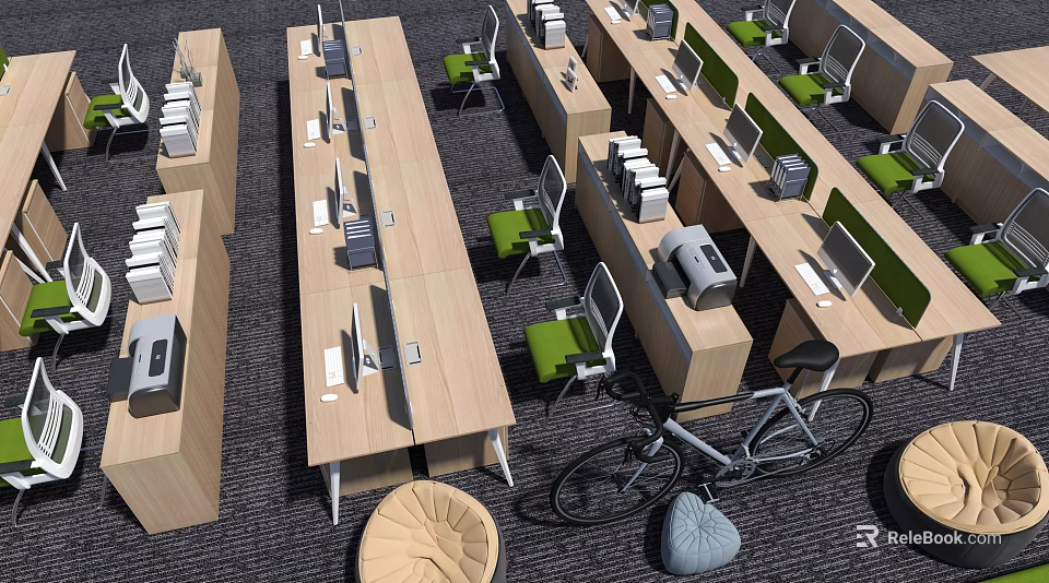 Green Office Chair in Modern Open Office Workspace with Desks Computers and Partitions 3d model 