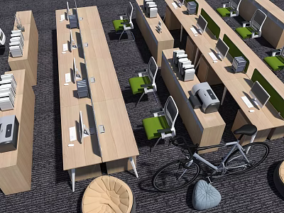 Green Office Chair in Modern Open Office Workspace with Desks Computers and Partitions 3d model