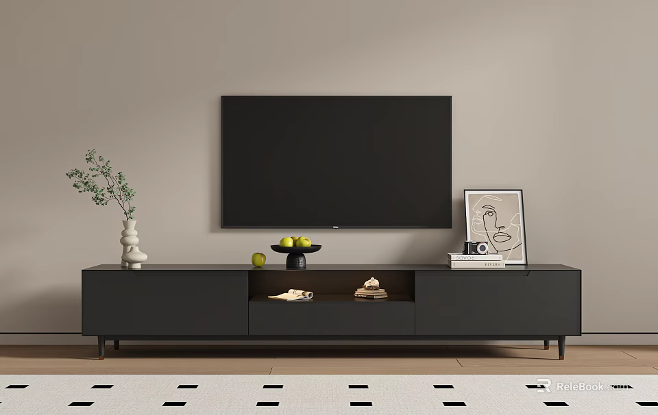 Modern TV Stand With Flat Screen TV And Decorative Items Like Vase Fruits And Frame 3d model 