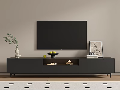 Modern TV Stand With Flat Screen TV And Decorative Items Like Vase Fruits And Frame 3d model