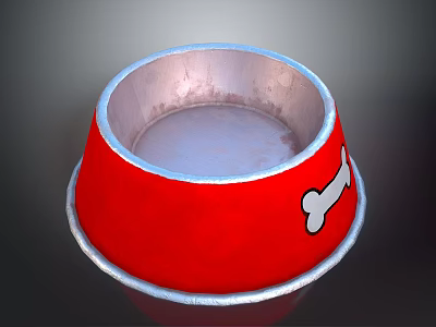 Red Dog Bowl with White Bone Pattern and Silver Rim for Pet Feeding at Home 3d model