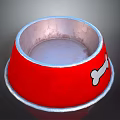 Red Dog Bowl with White Bone Pattern and Silver Rim for Pet Feeding at Home