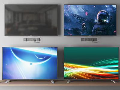Various Televisions Wall Mounted And Stand Placed With Vibrant Display Scenes 3d model