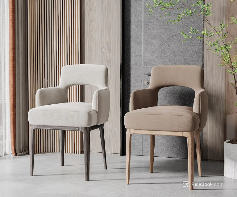 Modern Dining Chairs With Beige Light Brown Upholstery Armrests Wooden Legs In Modern Interior Space 3d model 