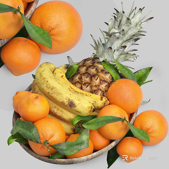 Fresh Assorted Fruits Bowl With Ripe Oranges Bananas And Pineapple Leaves 3d model 