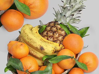 Fresh Assorted Fruits Bowl With Ripe Oranges Bananas And Pineapple Leaves 3d model