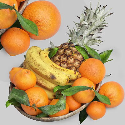 Fresh Assorted Fruits Bowl With Ripe Oranges Bananas And Pineapple Leaves 3d model Fresh Assorted Fruits Bowl With Ripe Oranges Bananas And Pineapple Leaves 3d model