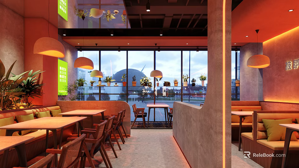 Elegant Modern Restaurant Interior With Wooden Tables Pendant Lights And Large Windows 3d model 