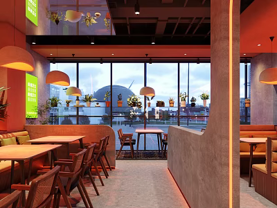 Elegant Modern Restaurant Interior With Wooden Tables Pendant Lights And Large Windows 3d model