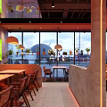 Elegant Modern Restaurant Interior With Wooden Tables Pendant Lights And Large Windows