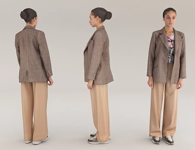Three Quarter Back Front Views Of Woman In Plaid Blazer And Beige Trousers 3d model