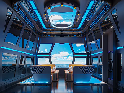 Modern Futuristic KTV Interior With Blue Neon Lights Comfortable Seating And Sky View Windows 3d model