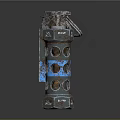 Rusty Metal Weapon Component With Cylindrical Structure Circular Holes And Blue Accents