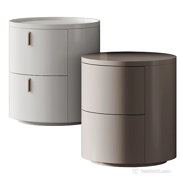 Modern Round Bedside Tables With Drawers And Metal Handles In Light Gray And Beige 3d model 