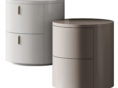 Modern Round Bedside Tables With Drawers And Metal Handles In Light Gray And Beige 3d model