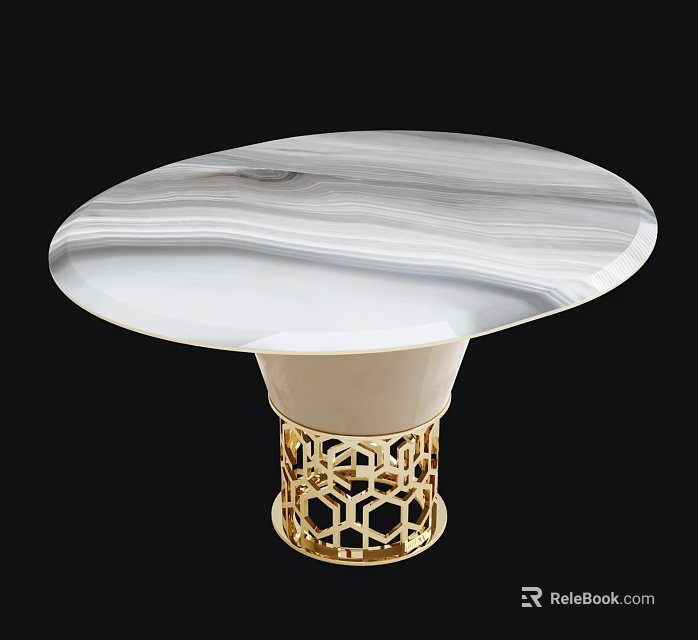 Elegant Dining Table With Marble Tabletop Unique Texture And Gold Hollow Base Design 3d model