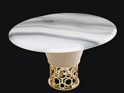 Elegant Dining Table With Marble Tabletop Unique Texture And Gold Hollow Base Design 3d model