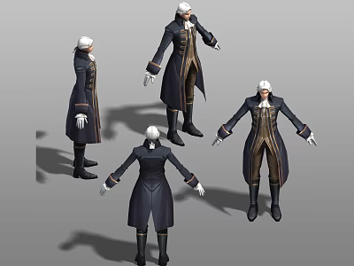 Game and Movie Character Three Angles Dark Long Coat White Hair Black Boots Golden Details 3d model