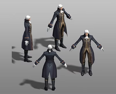 Game and Movie Character Three Angles Dark Long Coat White Hair Black Boots Golden Details 3d model