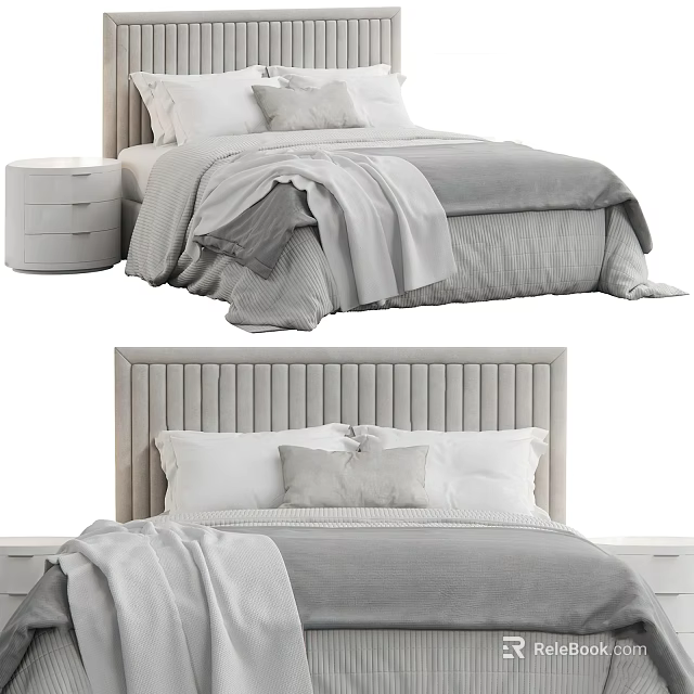 Modern Double Bed With Vertical Tufted Headboard And Gray Bedding Set 3d model 