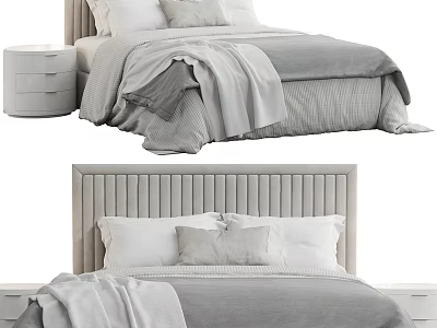 Modern Double Bed With Vertical Tufted Headboard And Gray Bedding Set 3d model