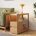 Wooden Coffee Table With Green Sofa Yellow Lamp White Cup And Shelves With Books Basket