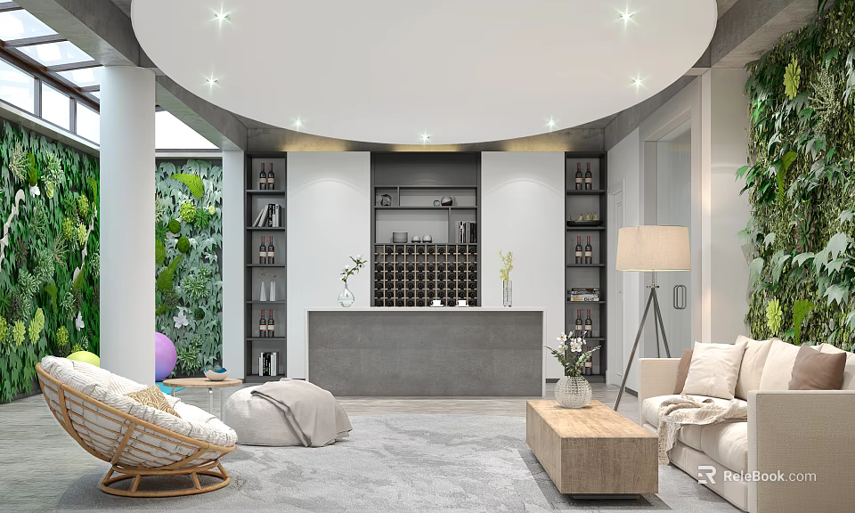 Modern Basement Interior Design With Wine Racks Comfy Sofa Green Plants And Round Ceiling Lights 3d model 